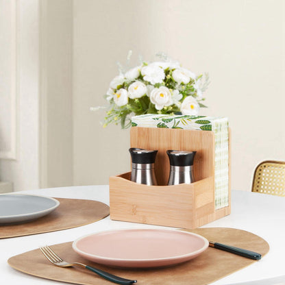 MOLEDINO Bamboo Salt Pepper Napkin Holder Set for Kitchen Dining Table, Natural Napkin Holder Stand with Salt Pepper Caddy Restaurant Lunch Organizer