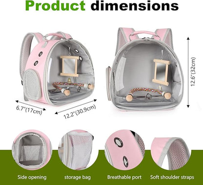 Portable Parrot Travel Cage Carrier with Mirror Standing Toy Set Small Bird Parakeet Bag with Standing Perch Bird Carry Transport Bag (Pink, Backpack/Mirror)