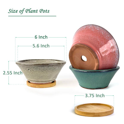 Summer Impressions 6 Inch Glazed Terracotta Succulent Pot Planter Small Plant Pot with Drainage Hole and Bamboo Saucer Cactus Ceramic Pot Set of 3 (Light Green Pink White)