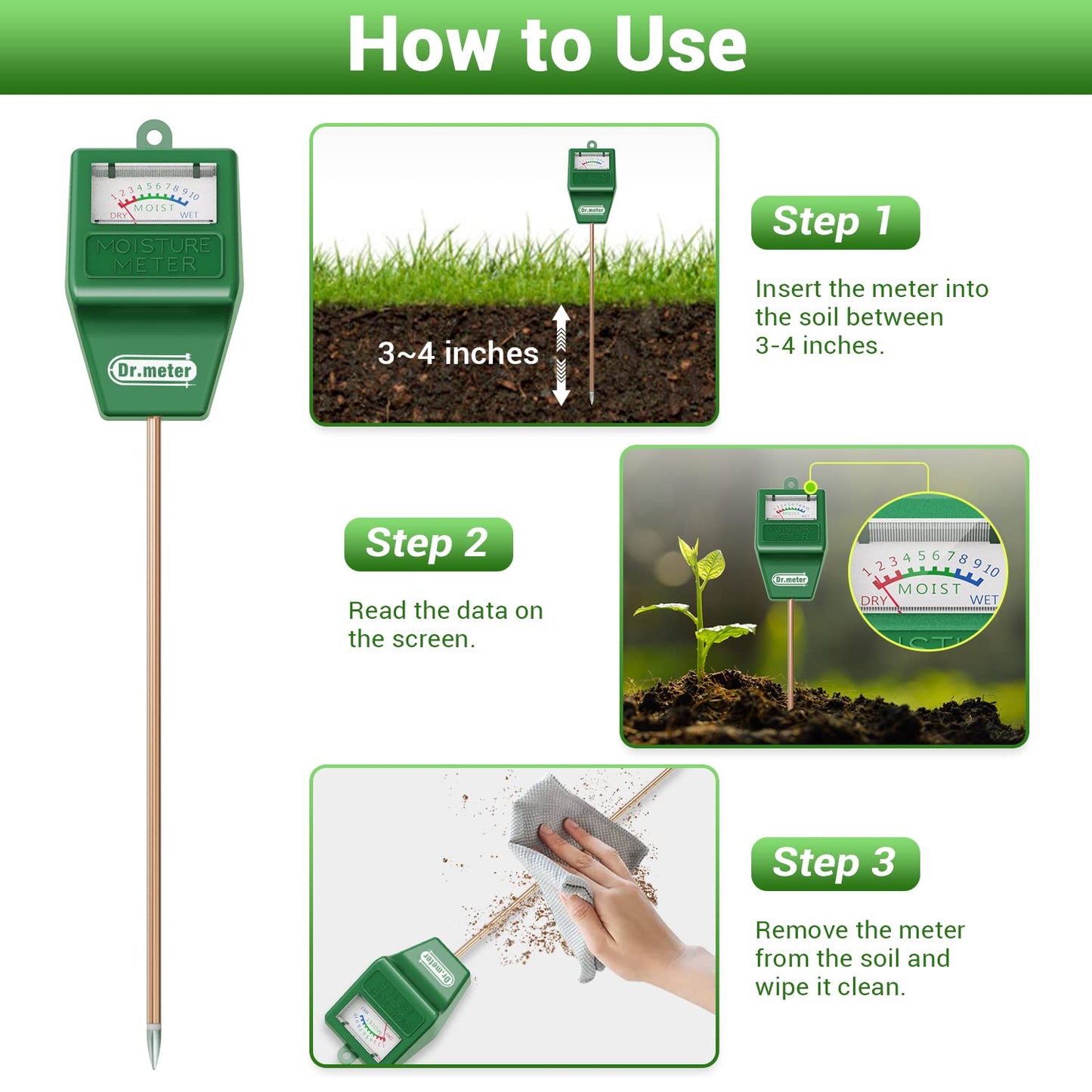Dr.meter Soil Moisture Meter, 2 Packs Soil Test Kit for Garden Lawn Farm Indoor & Outdoor Use - Soil Tester Hygrometer Sensor for Houseplants - Plant Water Meter-No Battery Needed, Gardening Gifts