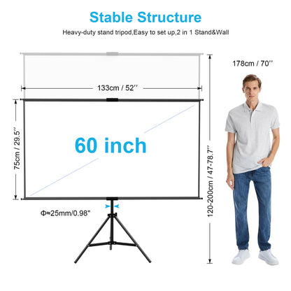 lejiada 60 Inch Portable Projector Screen with Tripod Stand, Compact Mobile Projection Screen for Small Spaces, Height Adjustable and Wrinkle-Free for Indoor Outdoor Camping and Office Use