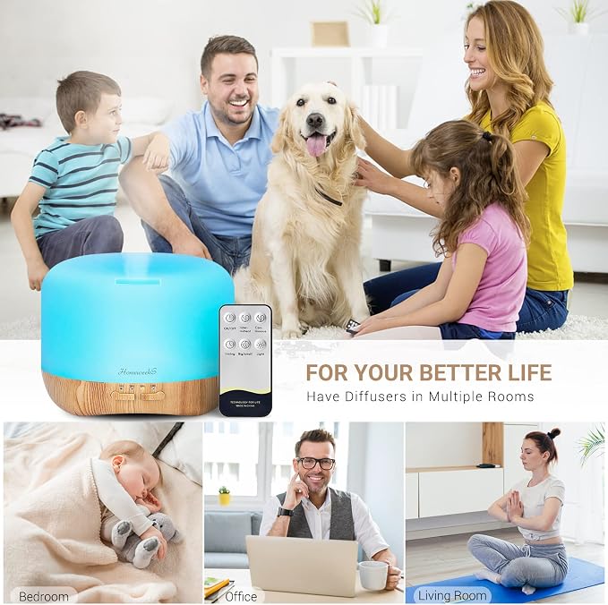 Homeweeks 300ml Essential Oil Diffuser, Quiet Aromatherapy Mist Diffusers for Essential Oils, Wood Grain, Ultrasonic, Remote Control, Timer, 7 Colors Light for Bedroom (300ml)