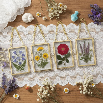 WHYTOOPY Pressed Flower Frames with Tweezers,Wall Hanging Double Glass Frames 2x3 with Metal Chain for Dried Flowers Plants,Floating Photo Frame for Display Gallery Artwork,Golden, 4 Pack