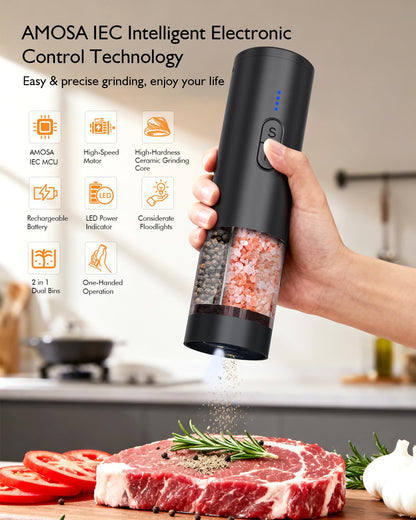 Electric Salt and Pepper Grinder Set, 2 in 1 Dual Bins USB Rechargeable Refillable Automatic Salt and Pepper Mill Shaker with LED Light, Dual Ceramic Grinder Adjustable Coarseness, kitchen gift, Black