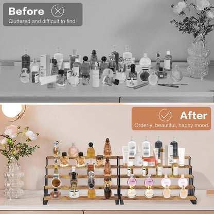KALYLOC 5 Tier Wooden Display Riser Stand 13.8 Inch Metal Step Perfume Stand Organizer Tabletop Tiered Display Shelf Rack for Cologne Cupcake Spice Figures Cosmetics Candles (Brown, X-Shape)