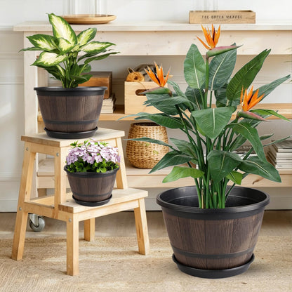 Myfeegoin 10-inch-Pots-for-Plant-Outdoor, 4 Pack Plastic Whiskey Barrel Planters Plant Pots with Drainage Hole & Saucer, Decorative Indoor Flower Pot for House Garden Porch