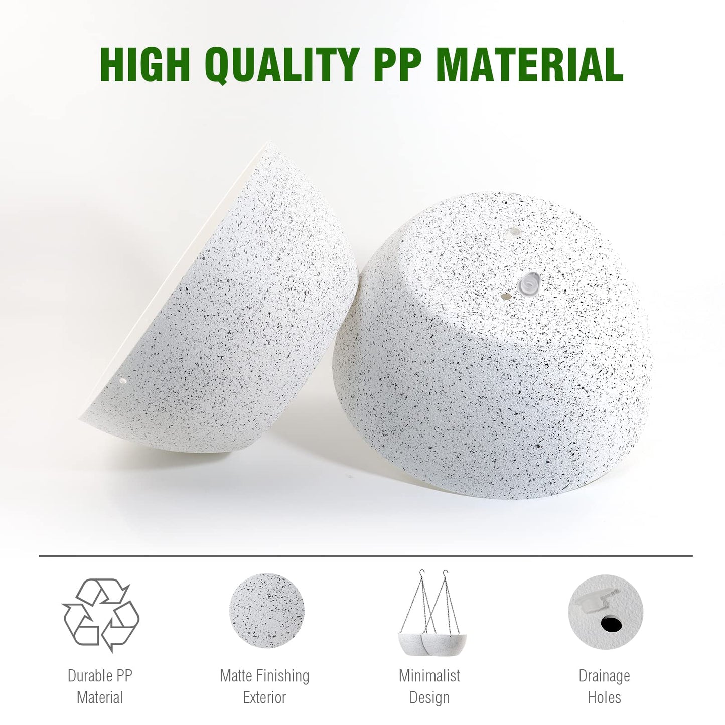 WOUSIWER 13 inch 2Pack Large Hanging Planters for Outdoor Indoor Plants with Drainage Holes and Chain, Round Hanging Flower Pots for Garden Home Porch Decor, White Speckles