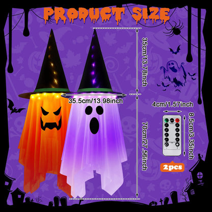2PCS Halloween Decorations, 41" x 14" Large Size Hanging Lighted Glowing Ghost Witch Hat Lights Ornaments with Remote Control