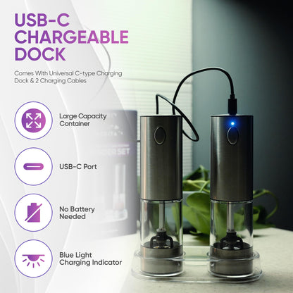 Meditati Rechargeable Automatic Salt and Pepper Grinder Set - One Hand Operation with LED Light for Precise Seasoning - Adjustable Coarseness with Ceramic Core - Set of 2