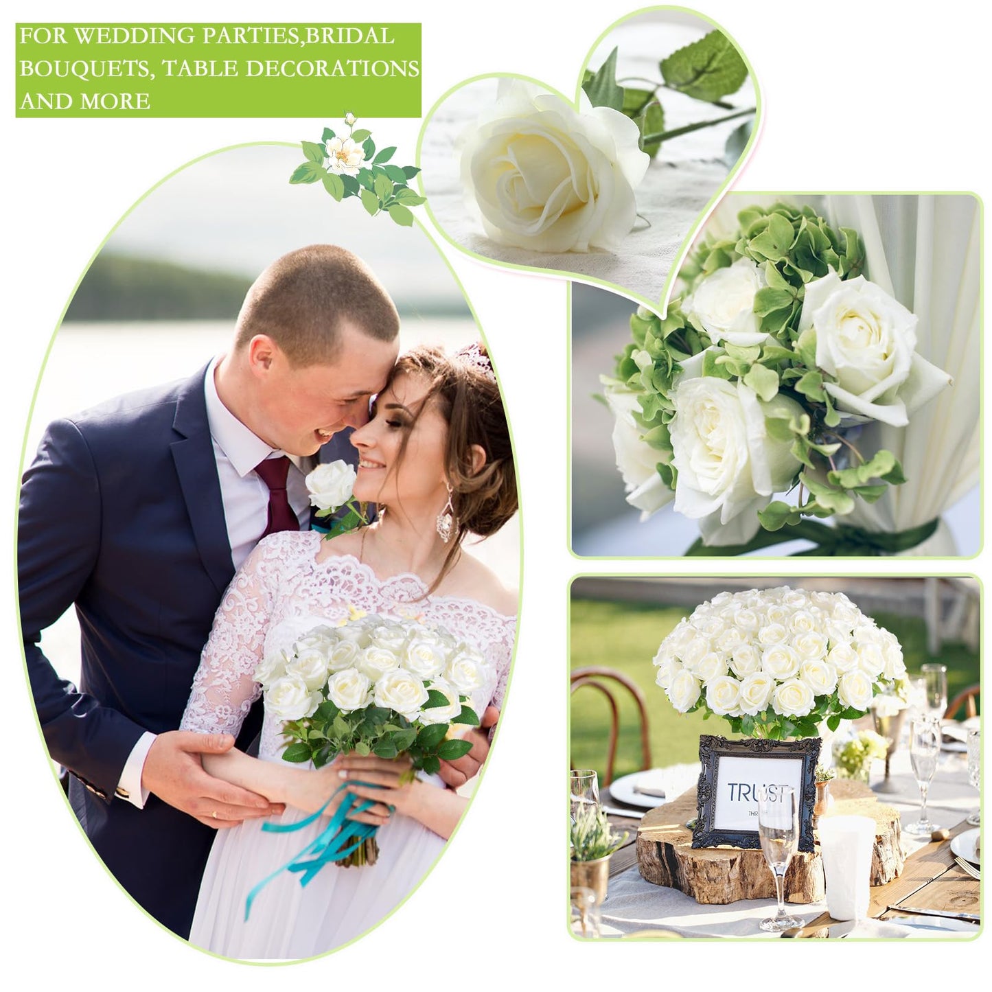 Hananona 50 Pcs Artificial Roses in Bulk, Fake Velvet Silk Roses Realistic Rose for Wedding Centerpieces Flower Arrangement Home Decor (50, White)