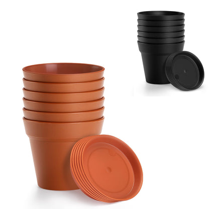 FHWTY 6 Pack 4in Plastic Plant Pots Black & 6 Pack 4in Plastic Plant Pots Terracotta