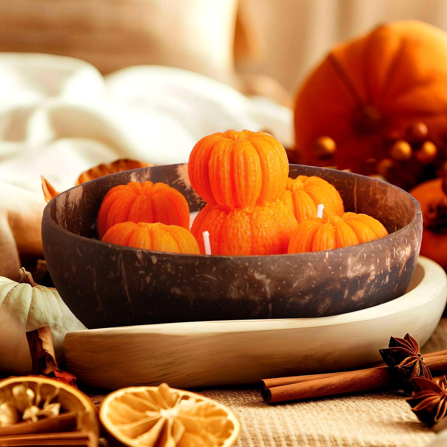 Conelist 2 Pcs Thanksgiving Scented Candle 5.9'' Fall Autumn Pumpkin Candle Decoration Spice Soy Wax Scented Coconut Bowl Tables Decor for Home Bedroom Bathroom Holiday Farmhouse Party Gift