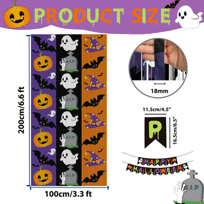 OQOQ Halloween Party Decorations Backdrops, 2 Pcs 3.3x6.6 Ft Tinsel Foil Fringe Curtains & 1 Pcs Happy Halloween Banner, Streamer Large Photo Booth Props Indoor Party Decor