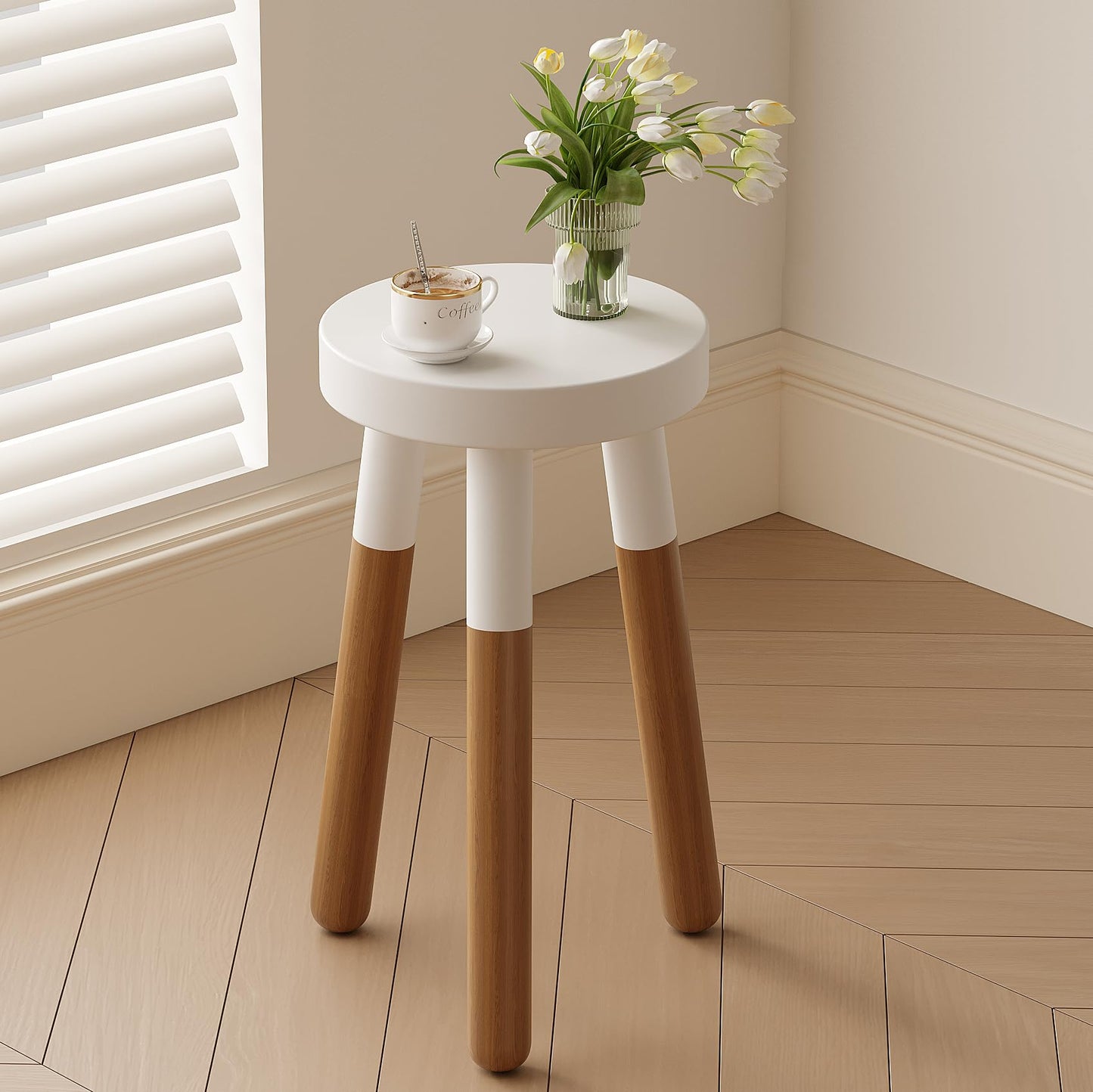 LitaEther 12" Reverse Dipped Wood Plant Stand, Wood Accent Stool,Milking Stool Drinking Table Small Side Table Set (18"+20" Tall)