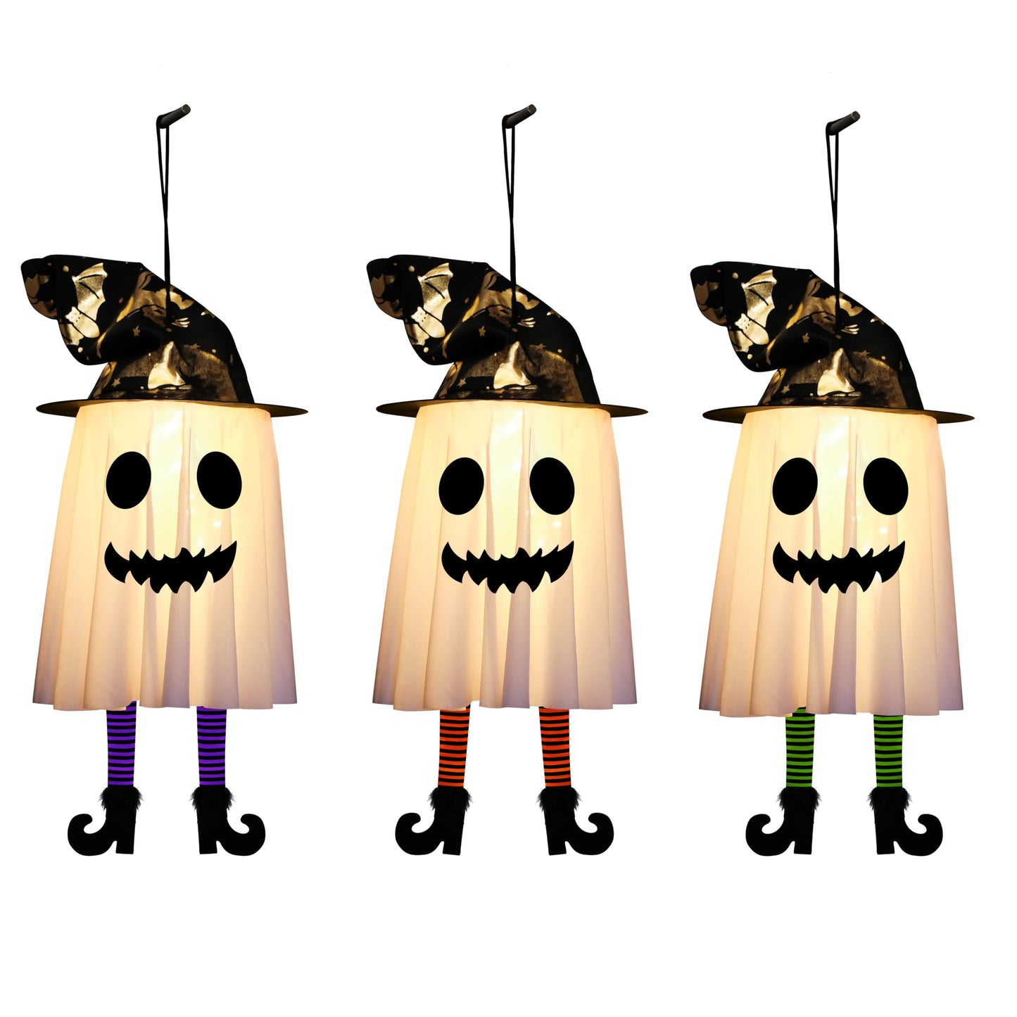 3 Packs Halloween Decorations Outdoor, Hanging Ghosts String Lights Halloween Decor, Spooky Cute Glowing Ghost Witch Hat Lights 3 Modes for Patio Yard Front Porch Tree House Party(18 Batteries)