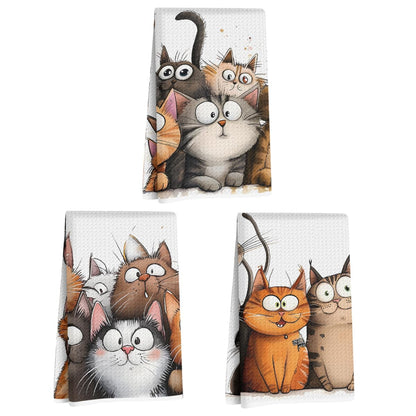 3 Pcs Cute Cat Kitchen Towels, Cats Soft Absorbent Hand Tea Towel, Microfiber Dish Cloths for Drying Dishes, Waffle Dish Towels for Kitchen Home Bathroom Decor, Cat Lover Gifts for Women Mom