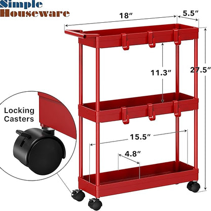 Simple Houseware 3-Tier Slim/Narrow Storage Cart with Handle, 5.5'' Wide x 27.5'' Height Rolling Organizer for Kitchen, Bathroom, Laundry Room - Red