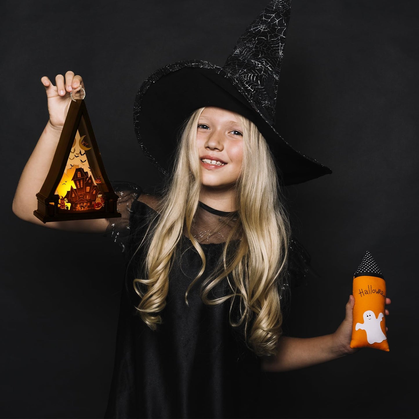 3 Pieces Halloween Lanterns Decoration 6.1" Height Retro Hanging Lamp Halloween Pumpkins Castle Flameless Candle Holder Triangular Lantern for Home Indoor Outdoor Party Supplies