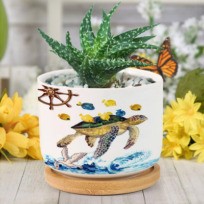 DreamAutumn Ocean Theme Sea Turtle Ceramic Pots for Plants with Drainage Holes Round Flower Pot Bamboo Tray Orchid Pot Succulents Pots for Outdoor Indoor Plants,Housewarming Gifts