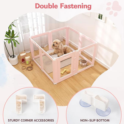 DIY Clear Acrylic Dog Playpen Indoor, Transparent Easy Cleansing Puppy Fence with Suction Cup, Easy-Assemble Indoor Whelping Crate for Small Puppies (23.6" H, 8PCS), Pink