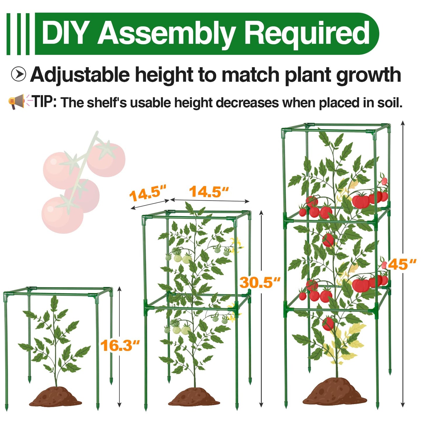 45x14.5x14.5in Square Tomato Cage for Garden - 3 Pack Adjustable Rust-Resistant Tomato Metal Trellis for Pots/Raised Beds/Outdoor, Fits Heavy Plants as Cucumber/Pepper/Eggplant/Pea, Easy to Assemble
