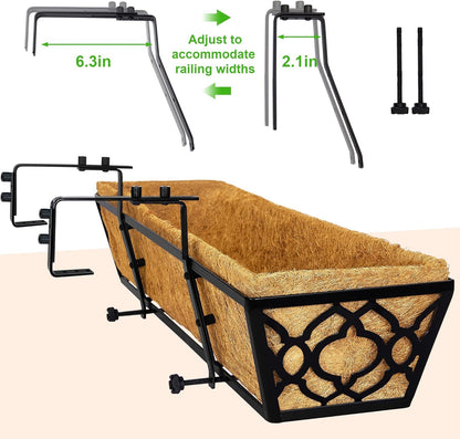 LAWYAMAI 24 Inch Railing Planter Box with Coco Liner, Adjustable Metal Hanging Planter, Window Box for Balcony Deck Fence, Outdoor Flower Box Black, 4 Pack