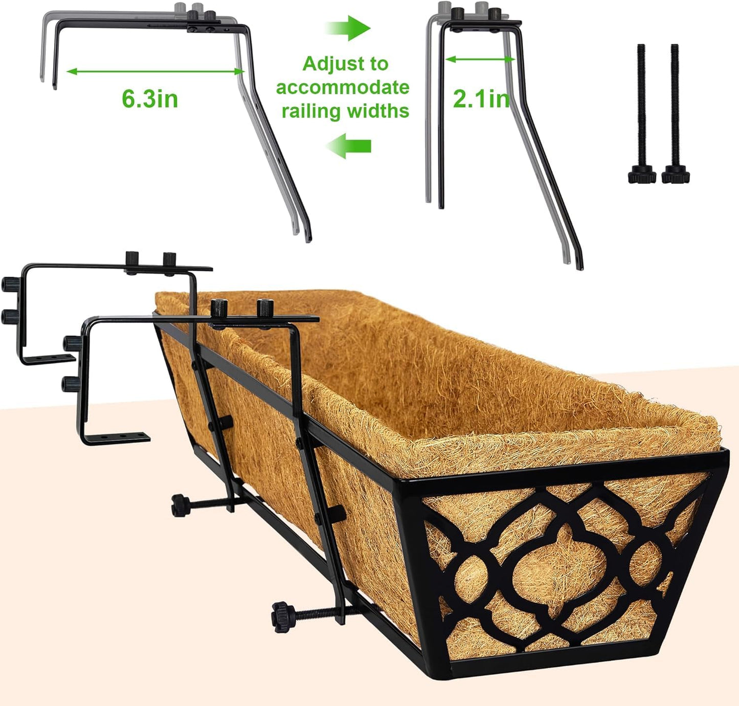 LAWYAMAI 24 Inch Railing Planter Box with Coco Liner, Adjustable Metal Hanging Planter, Window Box for Balcony Deck Fence, Outdoor Flower Box Black, 2 Pack
