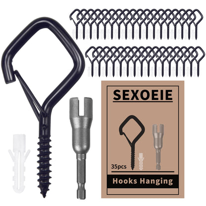 Sexoeie 35 PCS Eye Screw Hooks for Hanging Heavy Duty with Safety Buckle.Metal Ceiling Hooks for Hanging Plants,Cup,Wind Chime,Bird Feeders,Christmas String Lights at Indoor&Outdoor,2.36 Inches Black