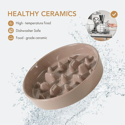 Havniva 8.2” Raised Slow Feeder Dog Bowls Set, 1.6 Cups Ceramic Slow Feeder Dog Bowl and 7.3” Dog Water Bowl with Elevated Wooden Stand Puzzle Dog Food Bowl for Medium Dogs Anti-Gulping & Anti-Choking