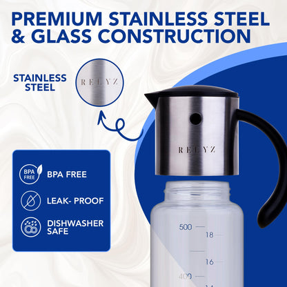 Large Glass Olive Oil Dispenser for Kitchen Cooking, Big 17oz Salad Dressing Container, Soy Sauce Bottle - Leakproof No Drip Stainless Steel Metal Pour Spout, Clear Measuring Markings, Dishwasher Safe