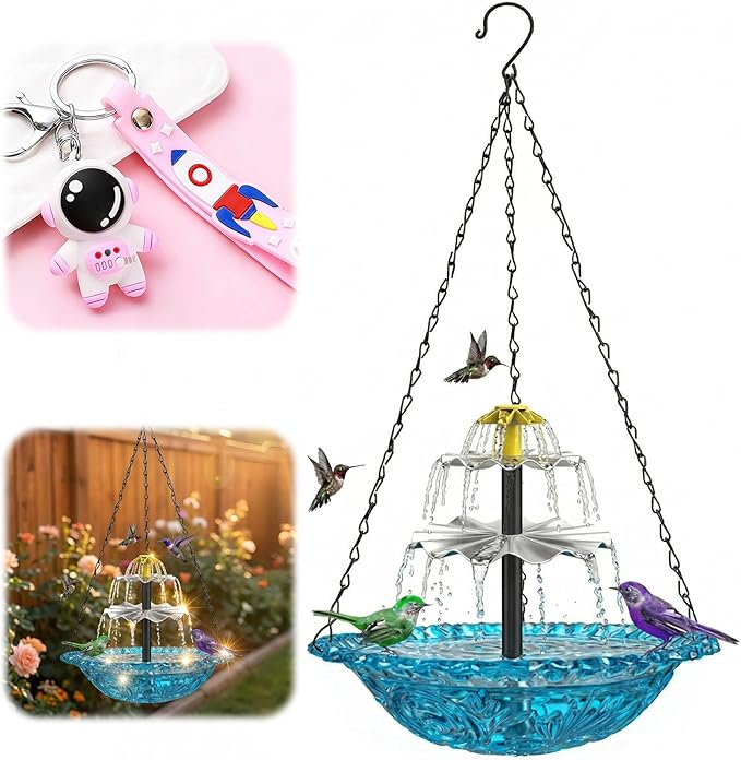 Solar Fountain for Bird Bath, Hanging Cascade Water Feature for Outdoor Garden & Yard Decor, Creates a Relaxing Flow that Attracts Birds (Blue(XL))