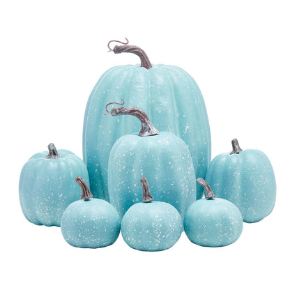 Autumn Pumpkin Decoration 7PCS Artificial Pumpkin Country Style foam Pumpkin Light Luxury Ornaments Fireplace Table Decoration Applicable to Halloween Harvest Day Thanksgiving Day (Light Blue)