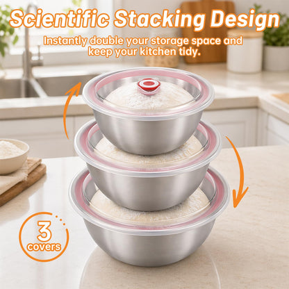 NOELNEXUS 3 PCS Pizza Dough Proofing Container Set, 27oz/40oz/60oz 304 Stackable Stainless Steel Proofing Box with Clear Lid, Includes Dough Scraper, Ideal for Bulk Fermentation of Sourdough & Bread