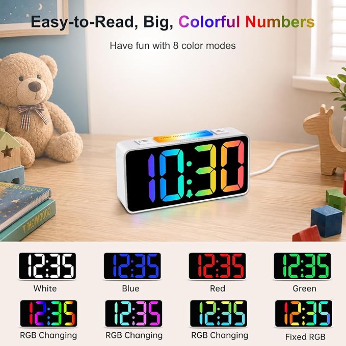 DreamSky Small Digital Alarm Clock with Night Light for Kids Bedroom | RGB Desk Clock with Large Numbers for Teens Boys, Brightness Dimmer, Adjustable Alarm Volume, USB Port, USB-C Adapter Powered
