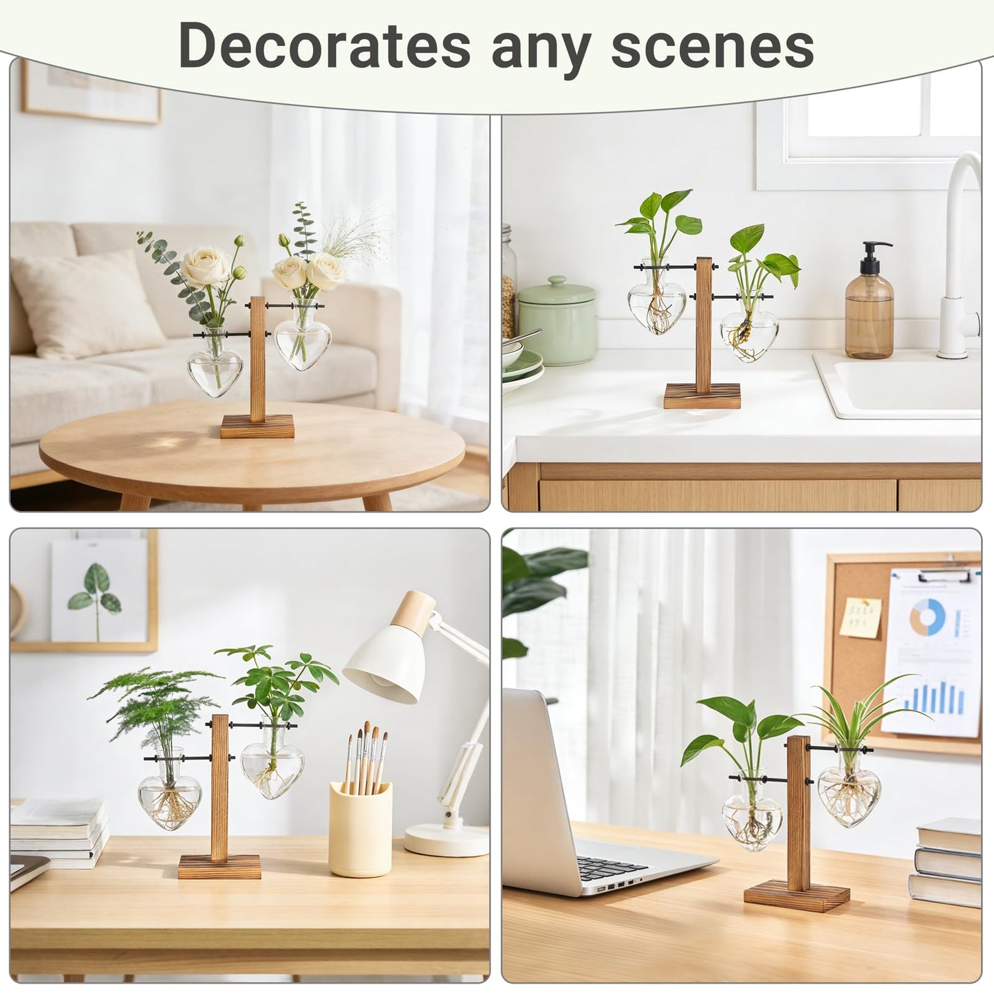 Mkono Heart Shaped Propagation Station with Wood Stand, Glass Hydroponic Planter Desktop Plant Terrarium for Home Office Decor, Gifts for Plant Lovers - 2 Love Bulb Pot Vase