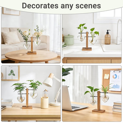 Mkono Heart Shaped Propagation Station with Wood Stand, Glass Hydroponic Planter Desktop Plant Terrarium for Home Office Decor, Gifts for Plant Lovers - 2 Love Bulb Pot Vase