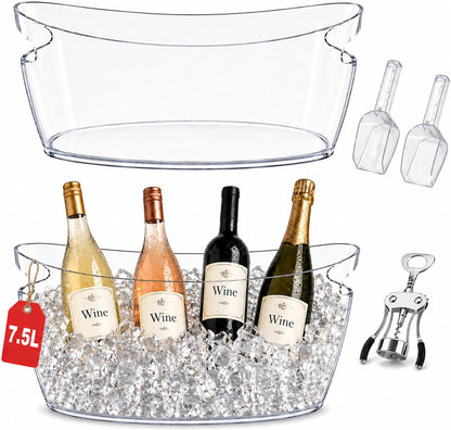 7.5L Ice Bucket for Parties, Set of 2 Beverage Ice Buckets with 2 Ice Scoops & Multifunction Bottle Opener, Large Drink Cooler Tub for Beer Wine Champagne, Plastic Beverage Tub for Bar BBQ Patio