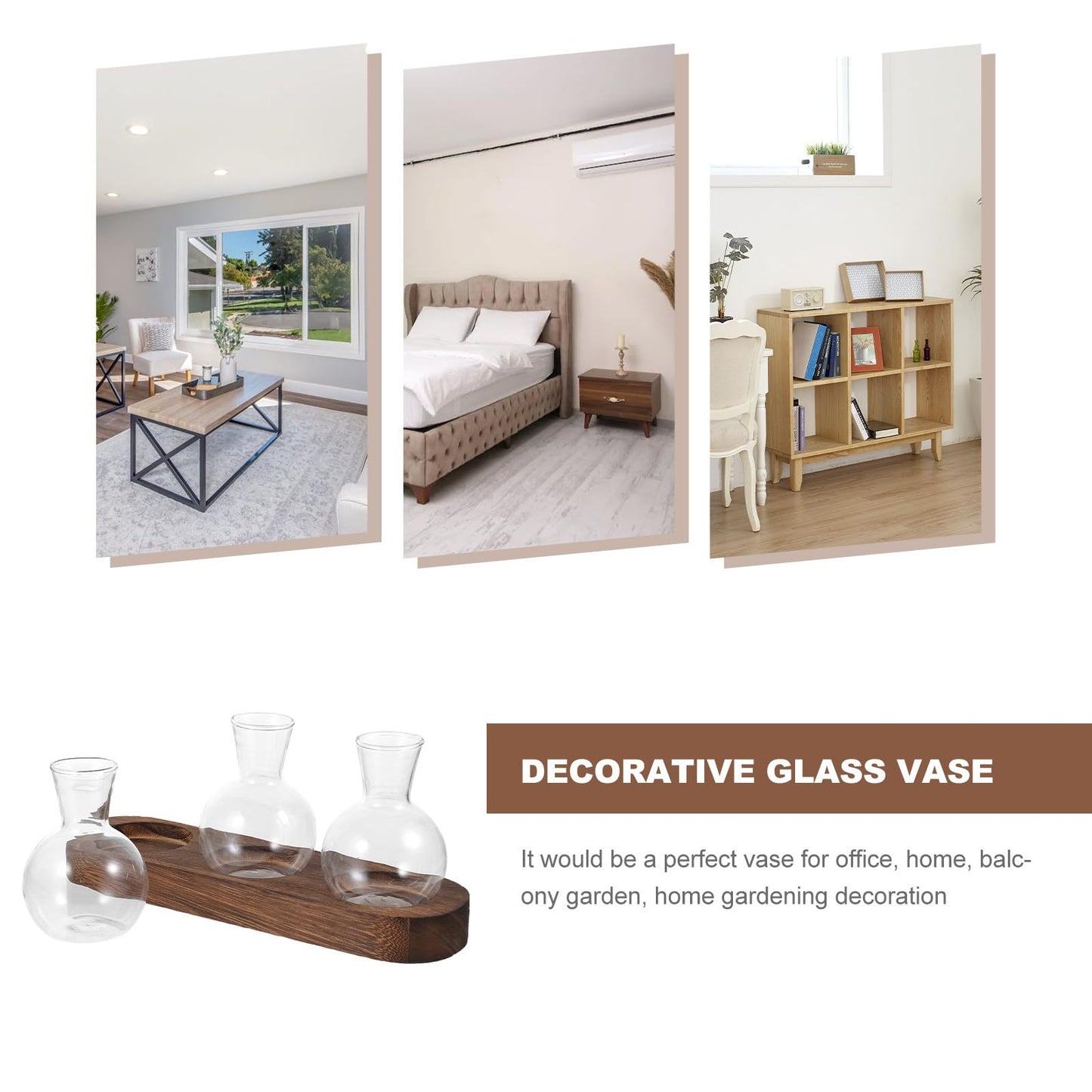 PRETYZOOM Glass Plant Vase Set with Wooden Base, Hydroponic Terrarium for Office and Living Room Decor, 3pcs Tabletop Flower Arrangement Vessels