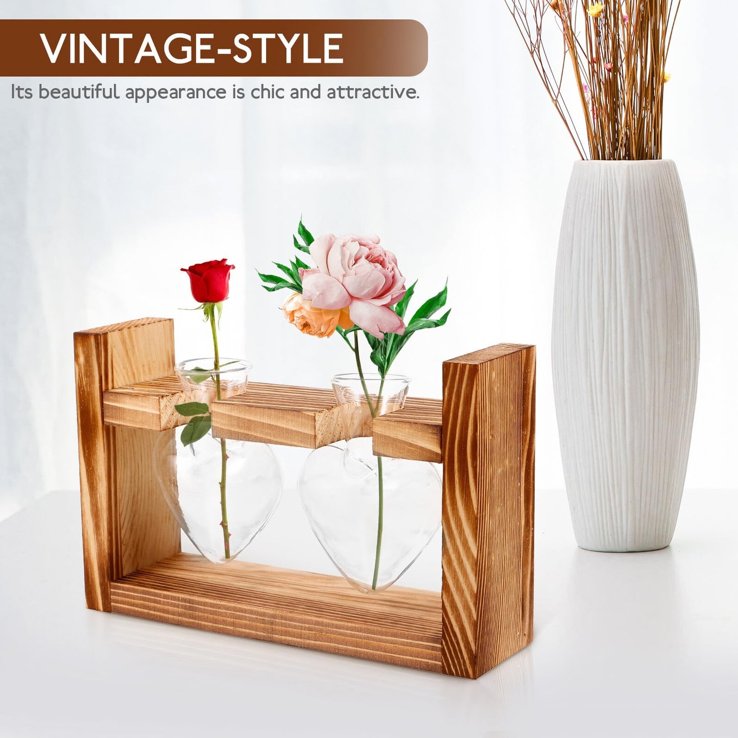 Healvian Heart-Shaped Glass Terrarium Vase with Wooden Stand, Hydroponic Planter for Indoor Plants, Desktop Home Decor, 2pcs Set with Retro Frame Packaging