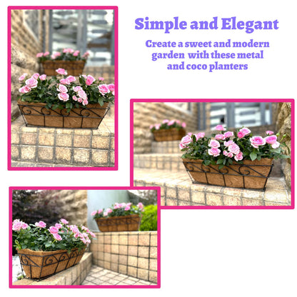 LaLaGreen Wall Planters for Outdoor Plants (2 Pack, 16 Inch) Window Flower Boxes Basket Attach to House, Deck Railing Strawberry Planters with Coco Liners BalconyTroughs Fence Patio Porch Over Rail