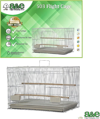 A&E Cage Co 503 White SP Flight Bird Cage – 24" x 16" x 16" Small Bird Cage for Finches, Canaries & Parakeets – Includes 2 Feeder Stations, Wood Perch, Slide-Out Tray & Carry Handle (White)