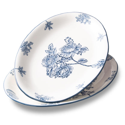 Magclay Ceramic Serving Platter, 13.7 Inch Large Oval Serving Trays, Dinner Plates, Dish Set for Dessert Appetizers Meat/Entertaining/Party, Blue and White, Set of 2