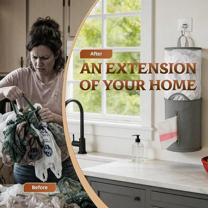 HOUSE AGAIN Bag Saver-Extra Large Plastic Bag Holder Dispenser, Organizer for Grocery Trash Roll,Oxford Machine Washable-Daily Storage Solution for Kitchen/Bathroom/Laundry (Deep Grey-2 pcs)