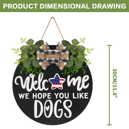 Interchangeable Wooden Seasonal Welcome Sign, Rustic Round Dogs Sign Front Door Wreaths for Home/Wall/Porch Decor, for Easter Spring Summer Fall Halloween Christmas All Season Decorations
