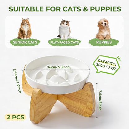 Raised Ceramic Cat Bowls 6.3" Flat & Slow Feeder Bowl (One of Each) | Anti-Gulping & Keep Fit, Water Bowl & Food Bowl, Dishwasher Safe, Neck Protective, Anti Whisker Fatigue
