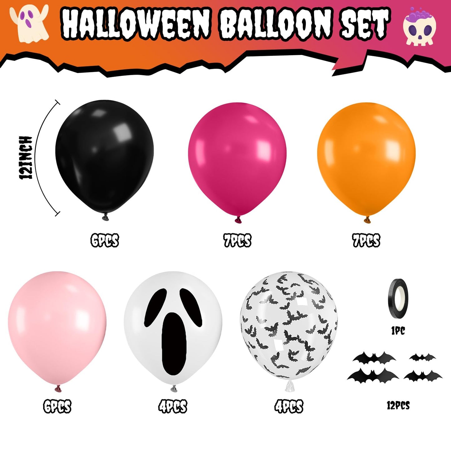 Orange Pink Halloween Balloons, 12 Inch Ghost Balloons, Black Orange and Hot Pink Latex Balloon with Bat Sticker, Bat Print Balloon for Kids Girls Birthday Ghost Theme Halloween Party Decorations