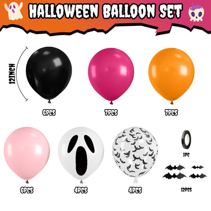 Orange Pink Halloween Balloons, 12 Inch Ghost Balloons, Black Orange and Hot Pink Latex Balloon with Bat Sticker, Bat Print Balloon for Kids Girls Birthday Ghost Theme Halloween Party Decorations