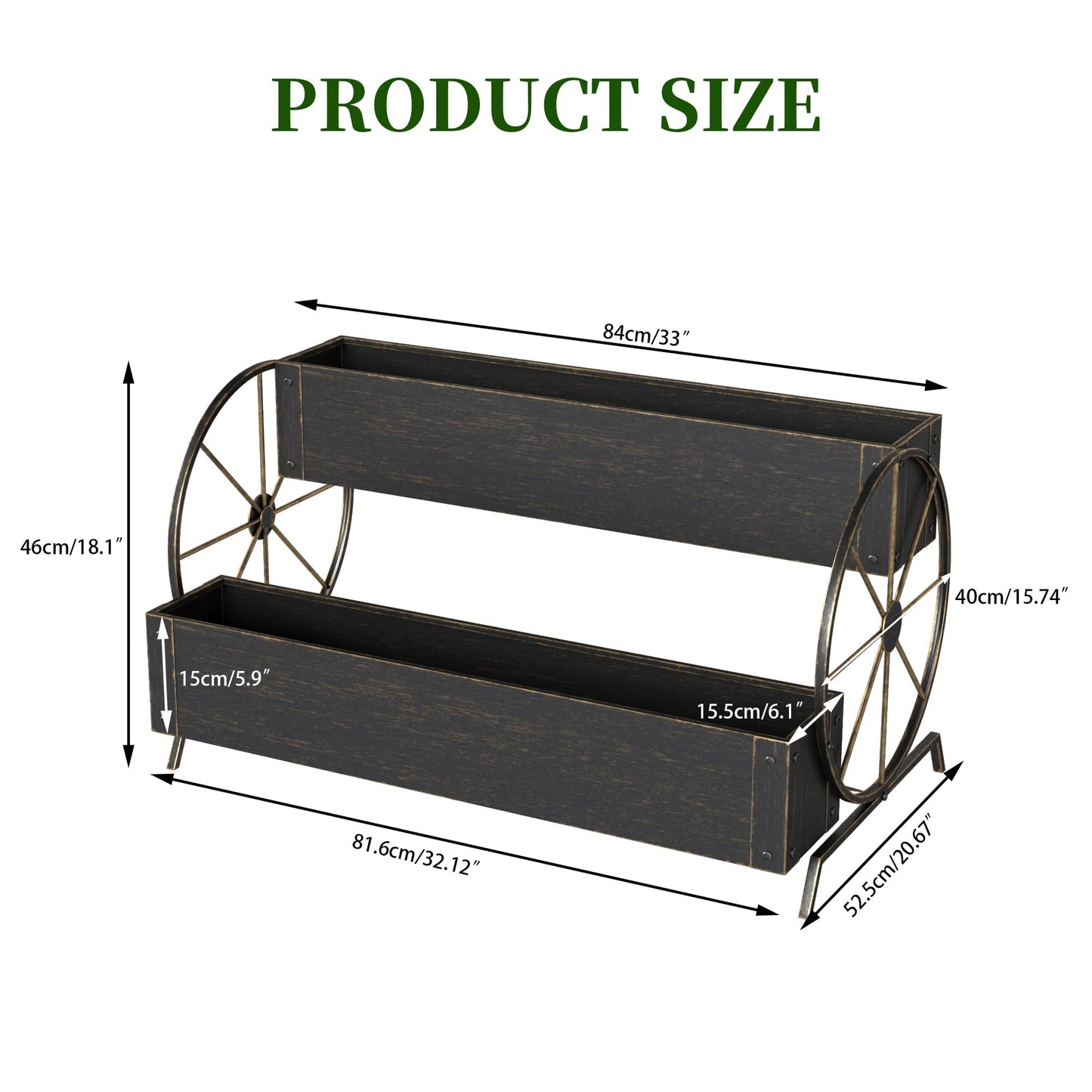 Athuiline Metal Wagon Planter Box, 2-Tier Outdoor Planter Raised Garden Beds with Wheels, Decorative Planter Boxes for Flowers Herbs Vegetables, Small Flower Cart for Patio, Balcony (Retro Gold)