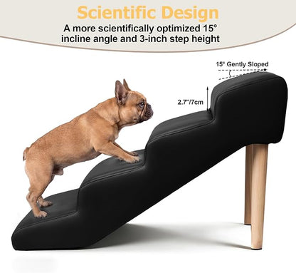 4-Step 18" H Dog Stairs for Bed Couch, Waterproof & Scratch PU Leather Pet Steps for Small Senior Dogs and Cats, Dog Ramp with 220 lbs Maximum, Oak Leg & Solid Wood, Non-Slip Feet, Black
