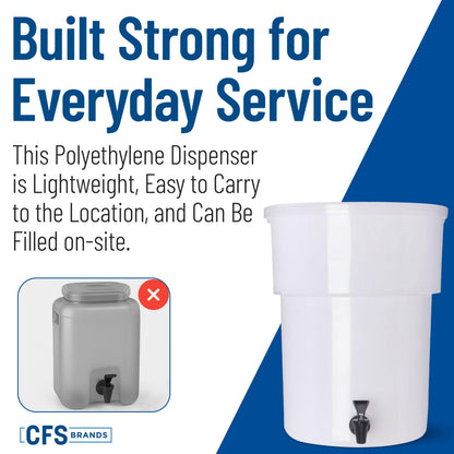 Carlisle FoodService Products Round Beverage Dispenser Drink Dispenser with Spigot for Catering, Plastic, 5 Gallons, White